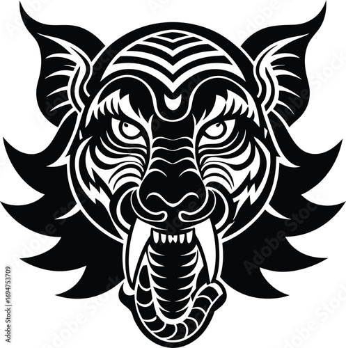 Vector art of fierce tiger head with bared fangs and intricate details