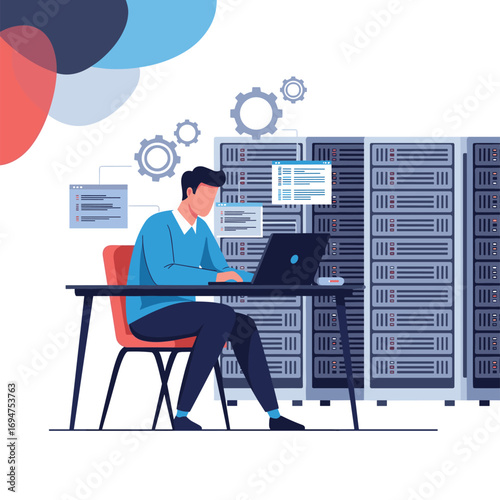 It professional working on laptop next to server racks and gears illustration