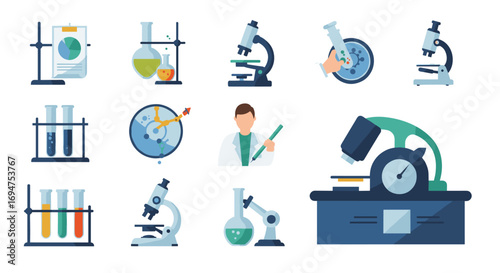 Laboratory equipment and scientific research elements in flat design