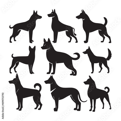 Collection of nine black dog silhouettes in various poses, isolated on a white background