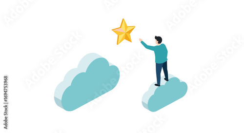 Achieving goals concept: man reaches for star on clouds in minimalist isometric design