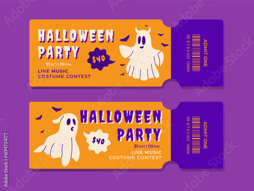 Halloween tickets set. Spooky festive ticket design with cute ghosts. Flat vector illustration for party invitation, celebration banner, flyer, or poster.	