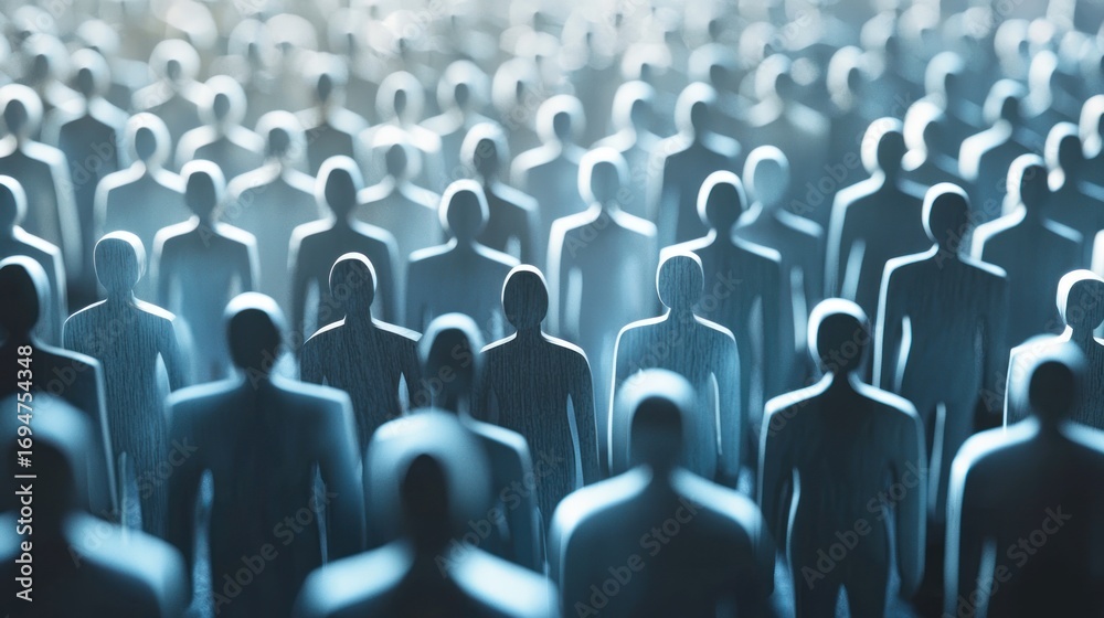 Obraz premium A crowd of people, with a focus on a group of individuals in the foreground, standing in a dimly lit, somewhat blurred setting with a soft,
