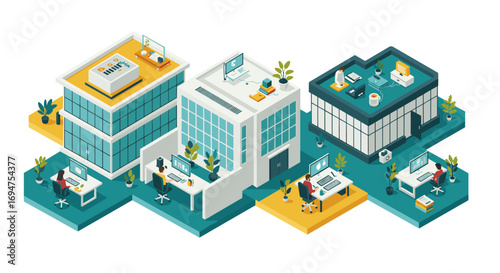 Modern office spaces in isometric design with professionals at work