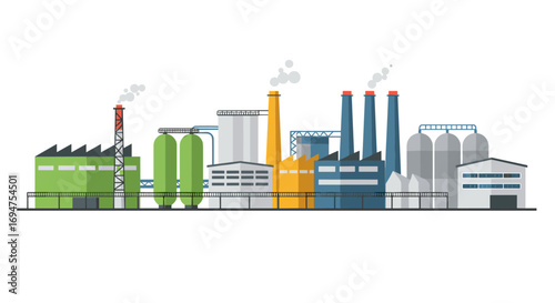Industrial factory complex with smokestacks and warehouses in flat design