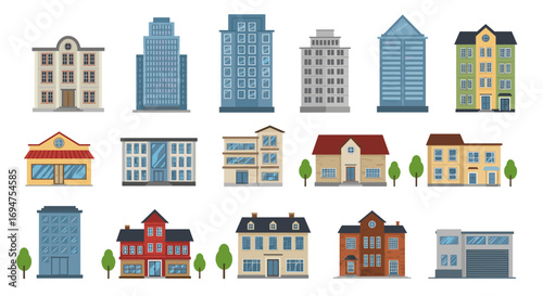 Variety of building types in flat design with minimalist style