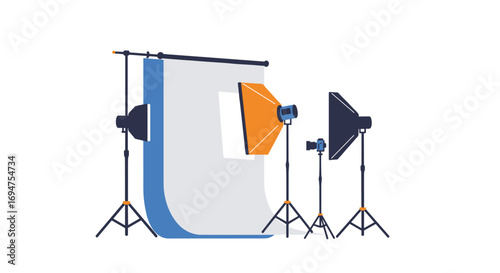 Photography studio equipment with lighting setup and backdrop in flat design