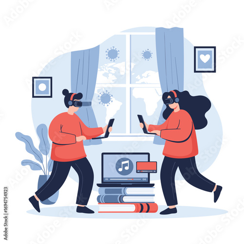 Two people enjoying virtual reality experiences together at home during pandemic lockdown