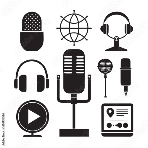 Collection of podcasting and audio recording icons including microphones, headphones, globe, play button, and tablet, isolated on white background