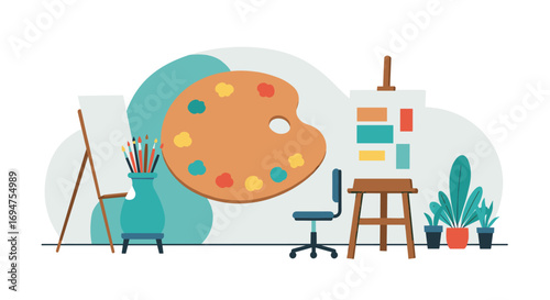 Creative art studio with easel and colorful paint palette in modern workspace
