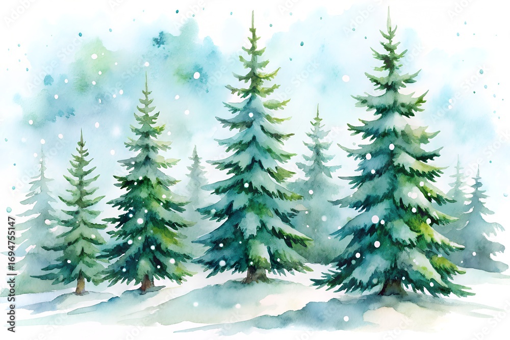 Obraz premium Watercolor painting of a snowy forest with pine trees and falling snowflakes, evoking a winter wonderland atmosphere