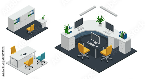 Modern isometric office spaces with desks and chairs