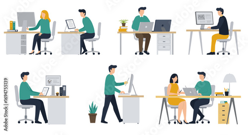 Modern office scenes with professionals working on laptops and computers in flat style