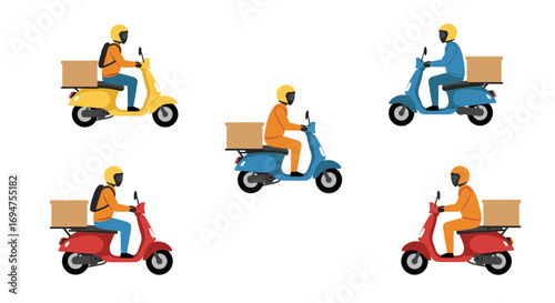 Colorful scooter delivery riders in motion on white background