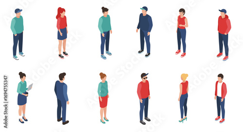 Diverse group of isometric people in casual and professional outfits
