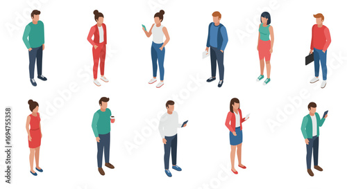 Isometric casual people engaged in daily activities on white background