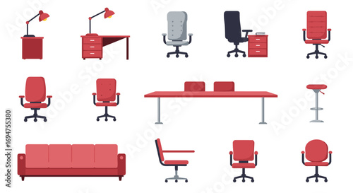Modern office furniture set with red and gray accents for stylish workspaces