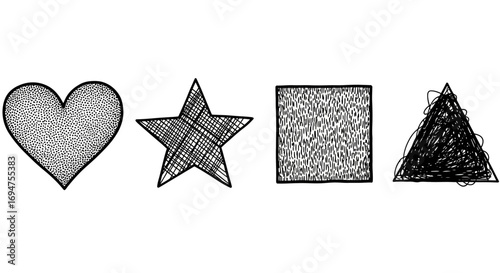 A collection of hand-drawn basic shapes, including a heart, star, square, and triangle, rendered in a black and white sketchy doodle style