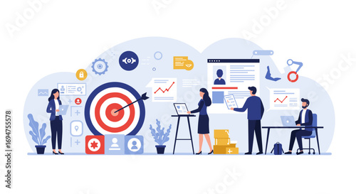 Collaborative teamwork in business strategy with data analysis and target achievements