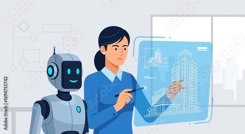 Futuristic collaboration between a female architect and an AI robot working together on a holographic blueprint of a building