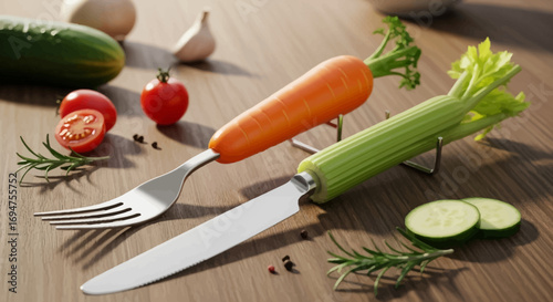 Vegan and vegetarian lifestyle represented by unique cutlery made from fresh carrot and celery on a rustic wooden table