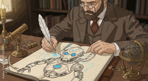 An inventor meticulously sketches a futuristic robot on a blueprint, surrounded by scientific instruments and books, embodying innovation and discovery
