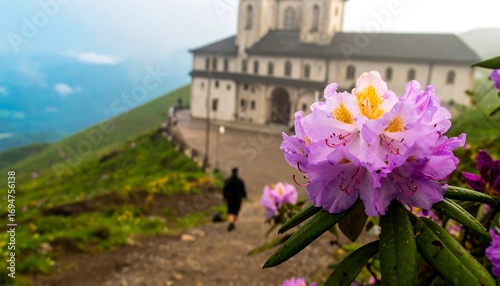Picturesque pilgrimage site framed by vibrant rhododendrons in bloom