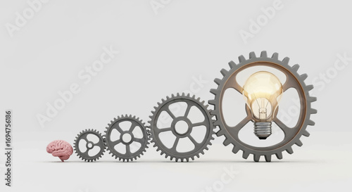 The Concept of Idea Generation Brain and Gears Transforming into a Glowing Lightbulb