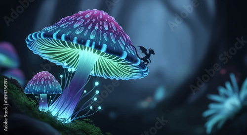 Mystical Glowing Mushrooms in a Fantasy Forest with a Dragon Silhouette