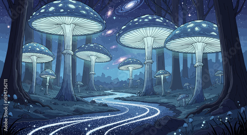 Magical Forest with Illuminated Mushrooms and a Flowing River at Night Under the Stars