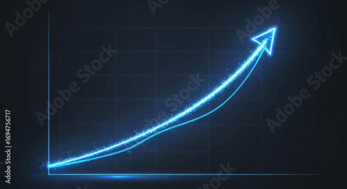 Glowing blue neon arrow graph illustrating an upward trend and business growth on a dark grid background for financial success and data analysis