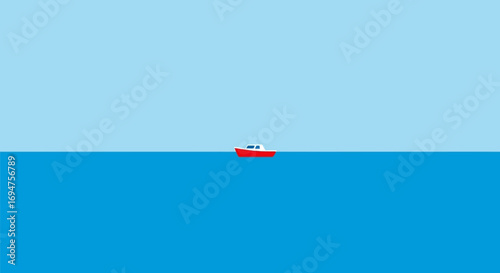Minimalist Red Boat Sailing on a Vast Blue Sea Serenity and Simplicity