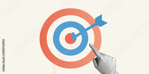Hand pointing at a bullseye target with an arrow hitting the center representing success and achievement