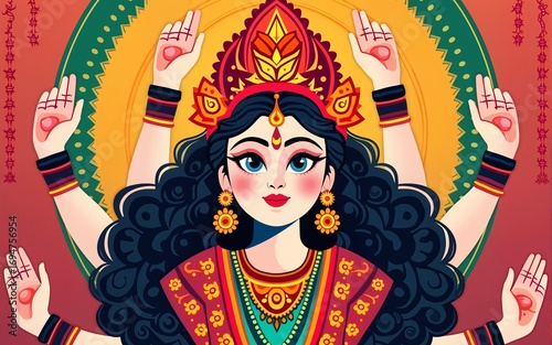 Traditional illustration of durga face with colorful decorative floral elements celebrating navratri dussehra puja with festive background representing indian religious culture. High quality