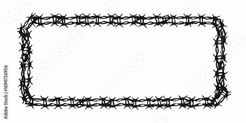 Rectangular frame made of barbed wire with sharp spikes on a white background