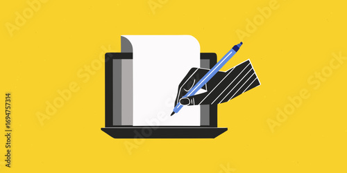 Illustration of a hand writing on a digital tablet screen with a pen against a yellow background