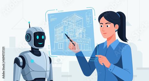 Innovative architectural design collaboration between a human engineer and artificial intelligence robot, reviewing futuristic building blueprints on a holographic display in a high-tech environment
