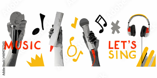 Illustration of hands holding microphones and musical notes with the words music and lets sing