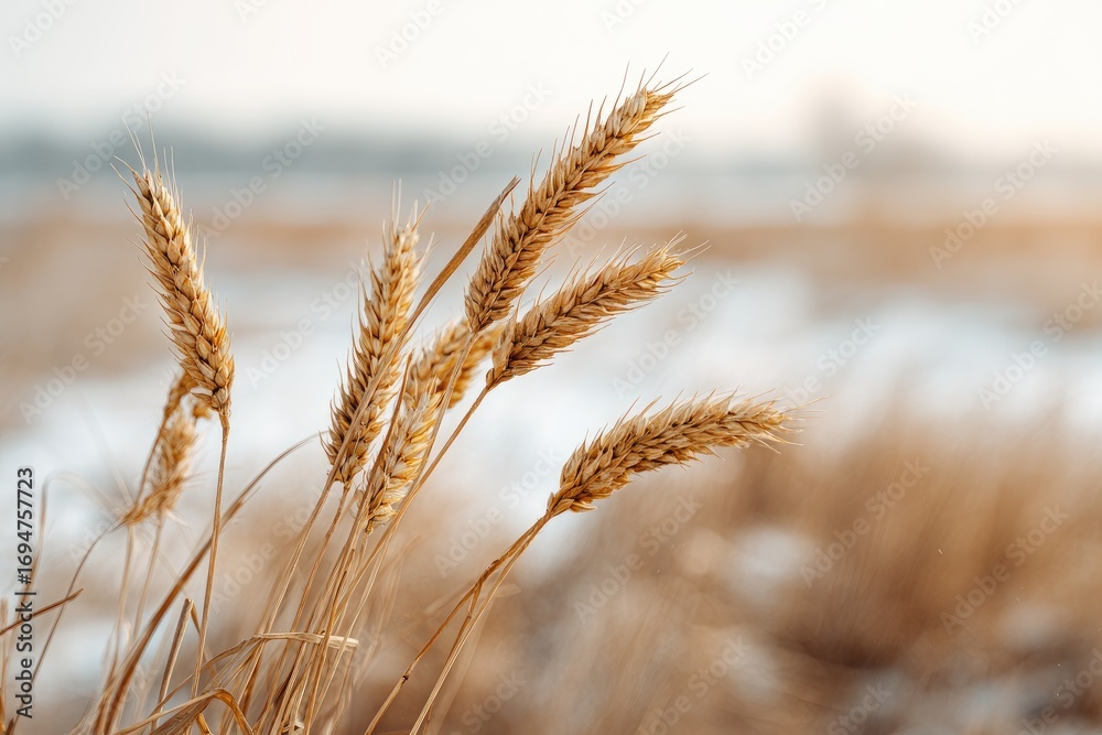 Fototapeta premium Golden wheat heads in a winter field