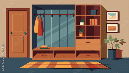 A mudroom with builtin wooden shelves and cubbies a metal bench and a patterned rug.