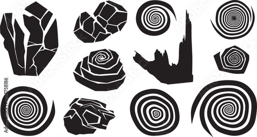 Abstract geometric collection of black silhouettes, including hypnotic swirls, fractured mineral shapes, and crystal formations