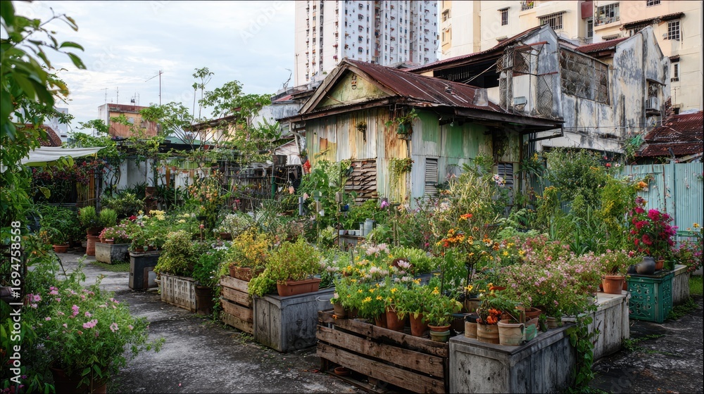 Fototapeta premium Colorful urban garden in a Southeast Asian alley