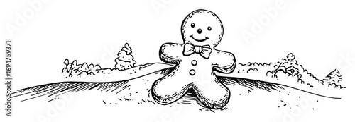 christmas gingerbread man in winter landscape vector sketch