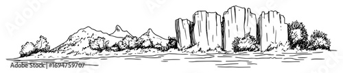 rocky mountain cliff landscape black and white vector illustration