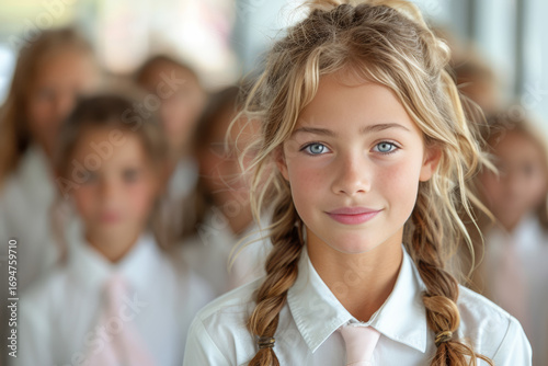 a proud young leader student in a white shirt and pink tie, leading a group of elementary school peers with a smile that reflects their natural leadership.