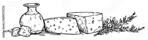 hand drawn cheese assortment with herbs and bottle