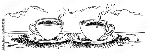coffee cups with mountains and steam in hand drawn style