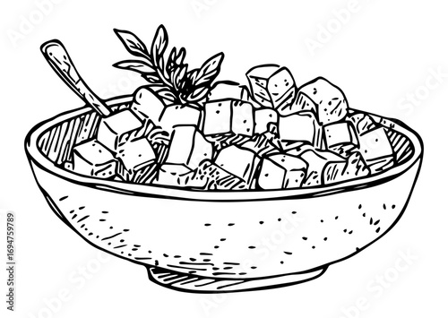 hand drawn greek salad in bowl with herbs