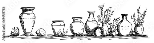 hand drawn ceramic pots and herbs on shelf