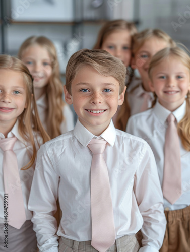 a proud young leader student in a white shirt and pink tie, leading a group of elementary school peers with a smile that reflects their natural leadership.